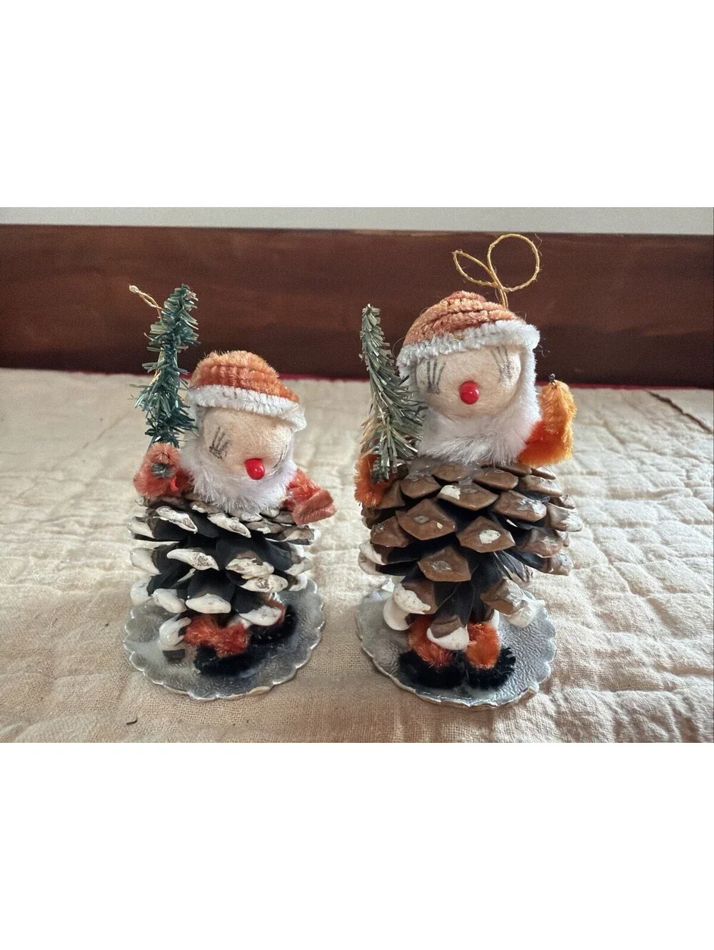 2 Vintage Japan Pinecone Elf Gnome Figures Putz Christmas Ornament Decorations